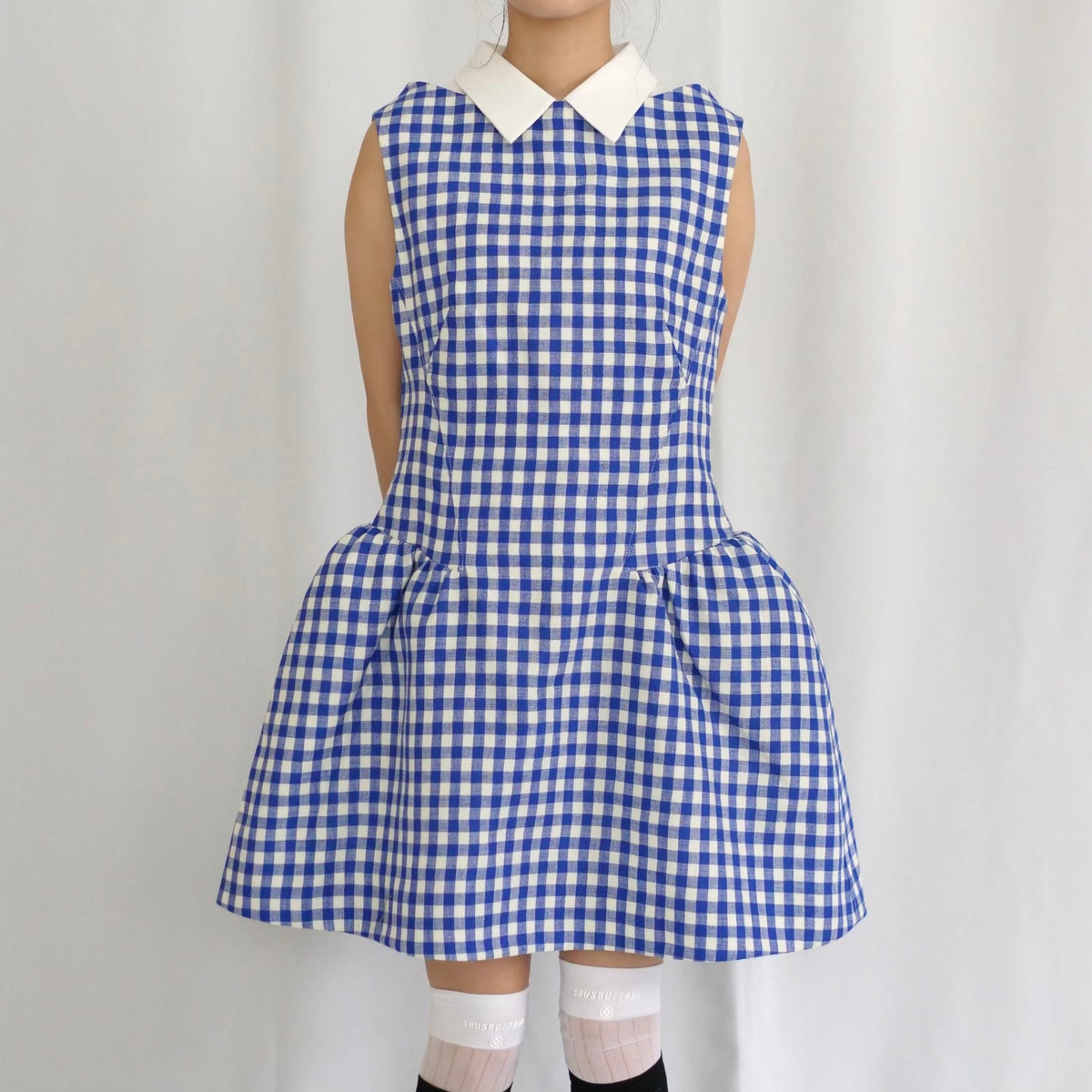 SHUSHU/TONG Shirtneck patchwork sleeveless dress / blue