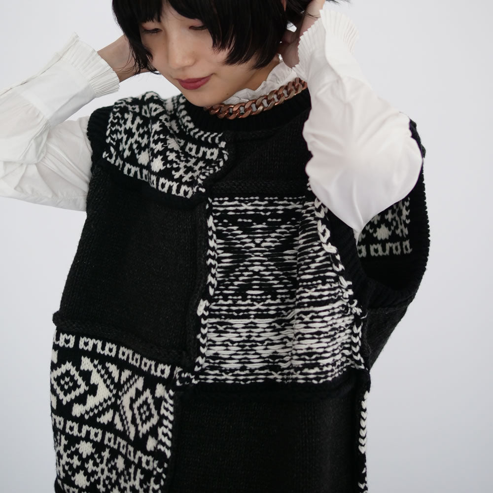 Name.] NORDIC PATCHWORK KNIT VEST(BLACK) – dim at noon