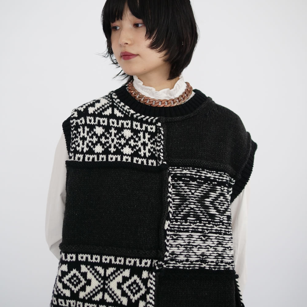 Name.] NORDIC PATCHWORK KNIT VEST(BLACK) – dim at noon