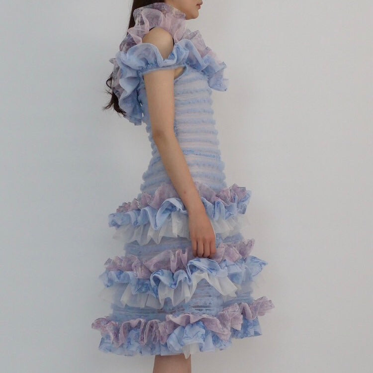 SUSAN FANG　PRINTED STRAPPY SMOCHED RUFFLE DRESS