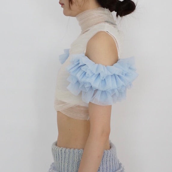 SUSAN FANG　SHIRRED BANDAGE WRAP TOP WITH PUFF SLEEVES IN BLUE