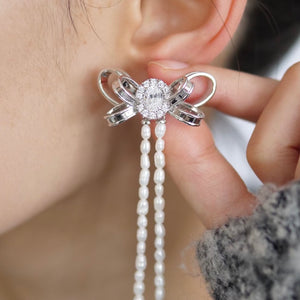 [SALE]YVMIN×SHUSHU/TONG  curly bow long tassel stud earrings