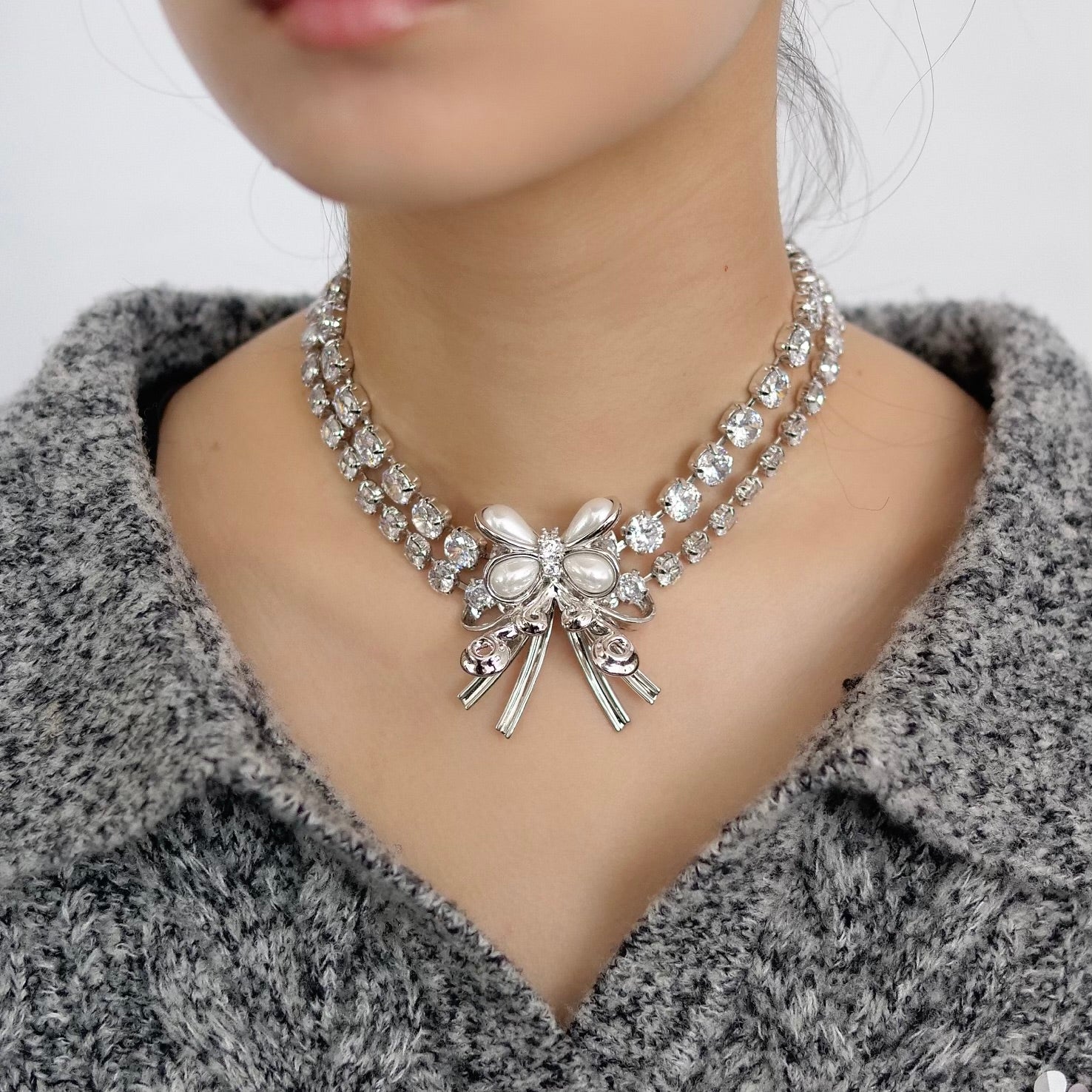 YVMIN×SHUSHU/TONG  pearl butterfly flower curls double zirconia necklace