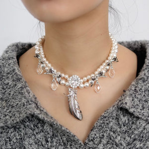 YVMIN×SHUSHU/TONG   Zircon feather double-strand artificial pearl necklace