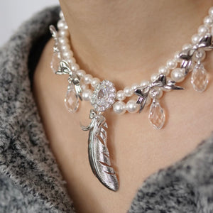 YVMIN×SHUSHU/TONG   Zircon feather double-strand artificial pearl necklace