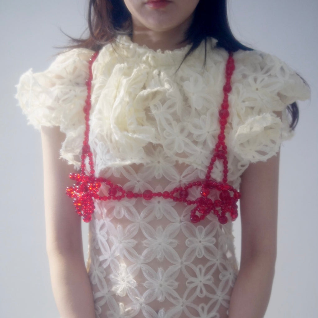 SUSAN FANG　GLASS BEAD-EMBELLISHED CROCHET BRA (RED)