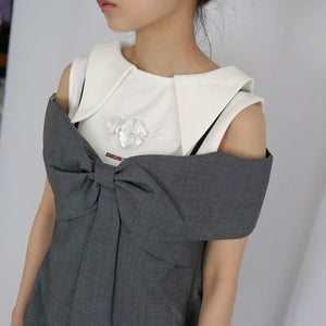 SHUSHU/TONG  Bow off-shoulder dress / grey
