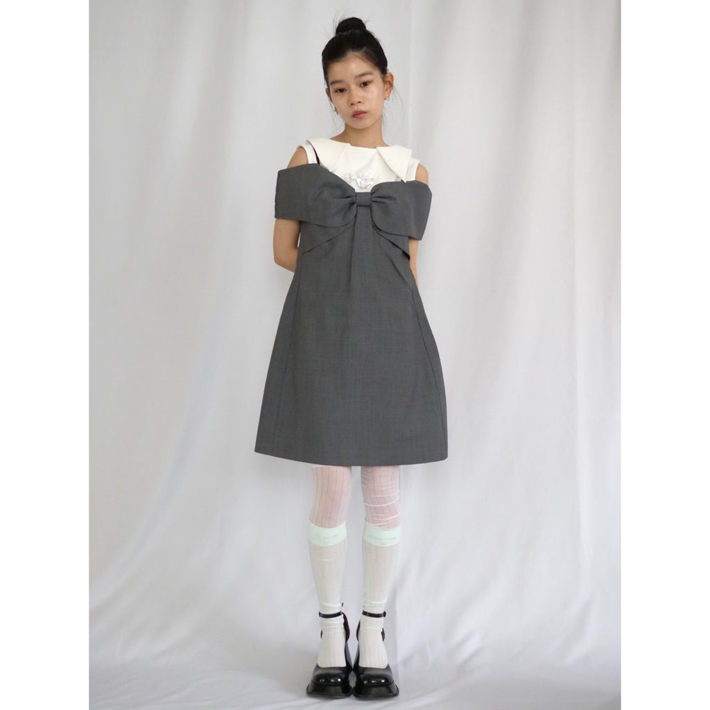 SHUSHU/TONG  Bow off-shoulder dress / grey