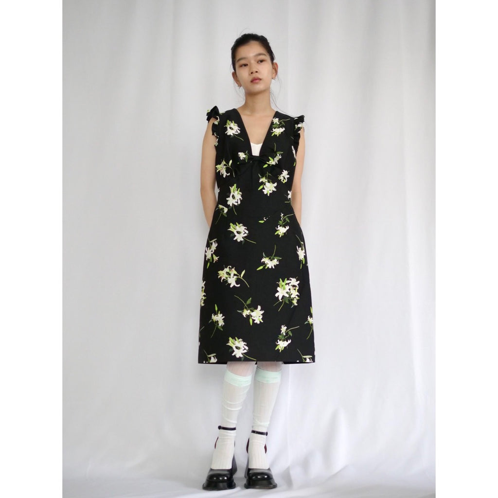SHUSHU/TONG  Lace flare sleeve dress / printing