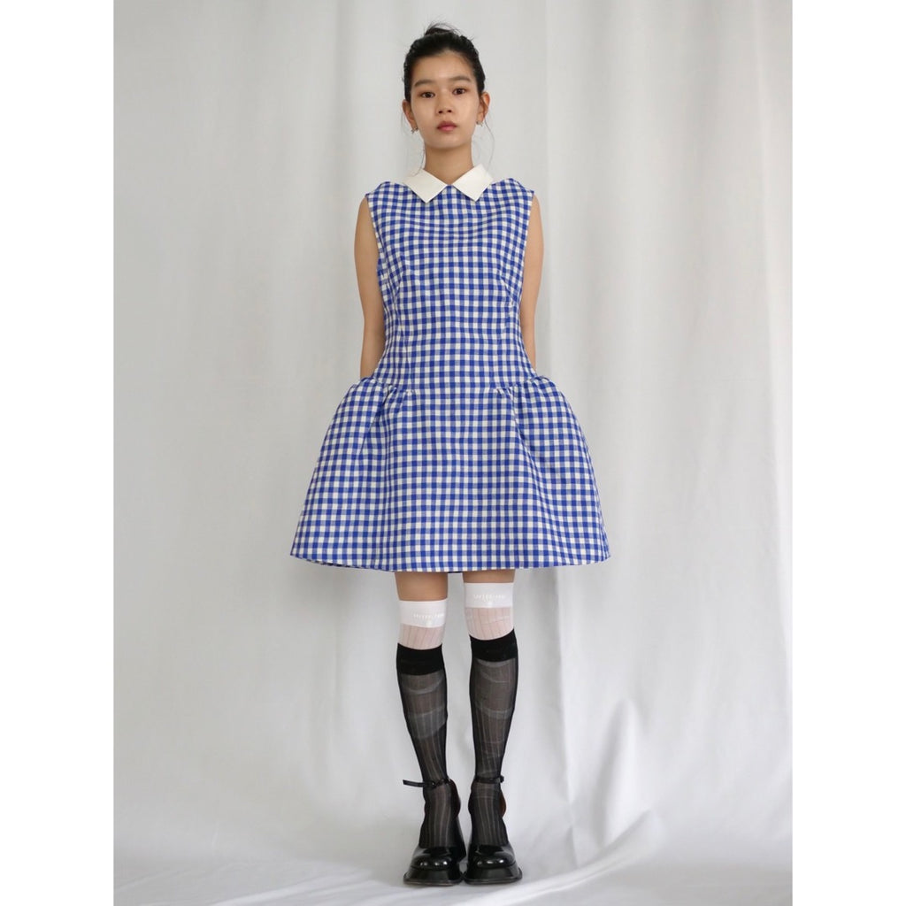 SHUSHU/TONG  Shirtneck patchwork sleeveless dress / blue