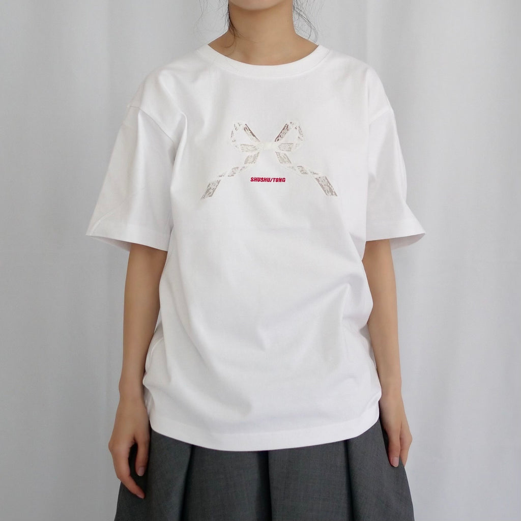 SHUSHU/TONG   Lace patchwork oversize T-shirt / white
