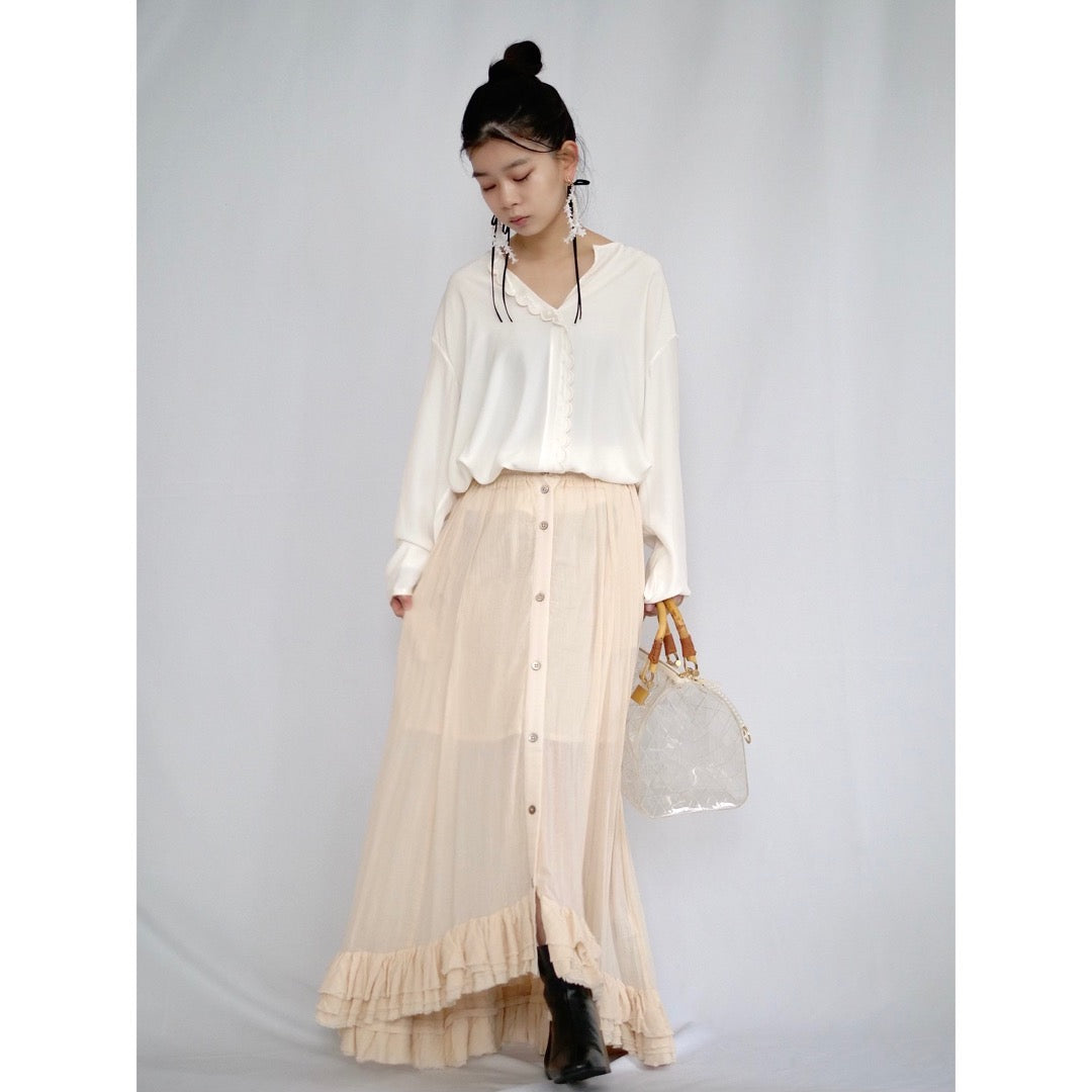 [OLD&VINTAGE] CELINE Scalloped Placket Silk Blouse