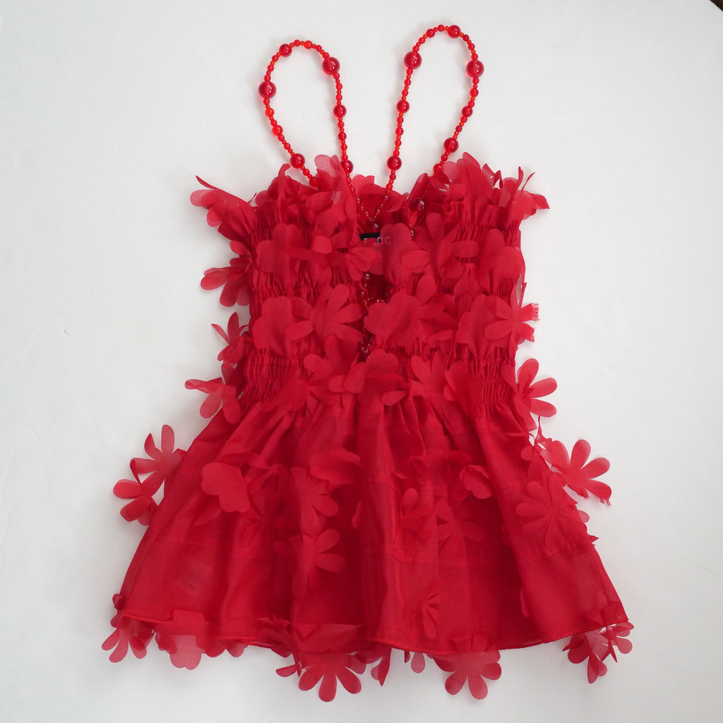 SUSAN FANG　FLOWER-LASER CUT SHIRRED TOP / RED