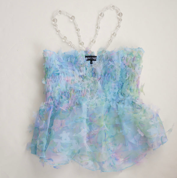 SUSAN FANG FLOWER-LASER CUT SHIRRED TOP / BLUE – dim at noon