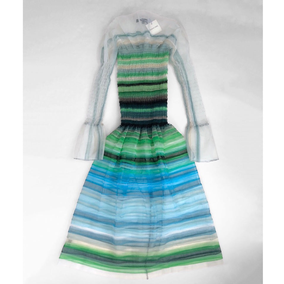 SUSAN FANG　LONG SLEEVE STRIPED SMOCKED DRESS