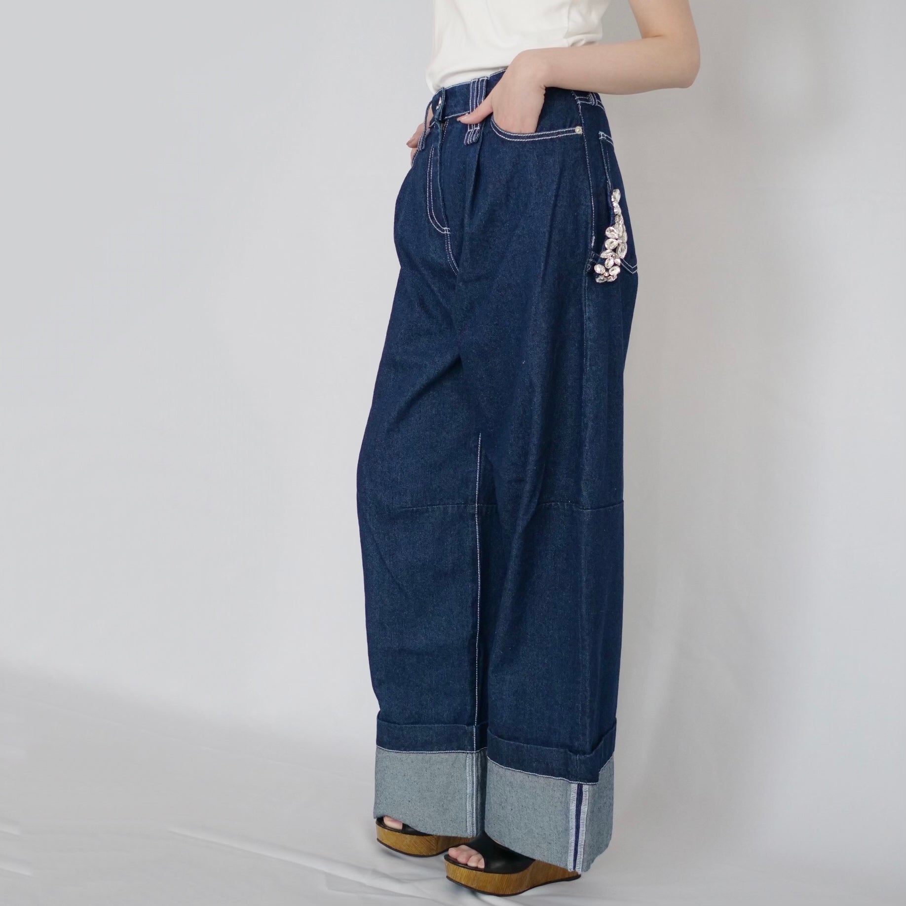 SALE]SIMONE ROCHA WIDE LEG PUDDLE JEANS W/ EMB – dim at noon