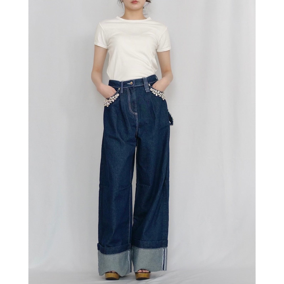 【SIMONE ROCHA】シモーネロシャ ワイドデニムパンツ ビジュー SIMONE ROCHA】シモーネロシャ ビジュー付き デニムパンツ