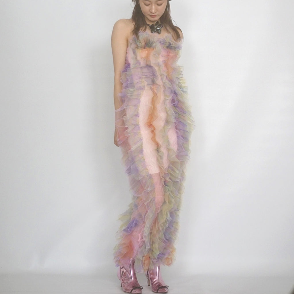 SUSAN FANG　SHIRRED TULLE LONG DRESS