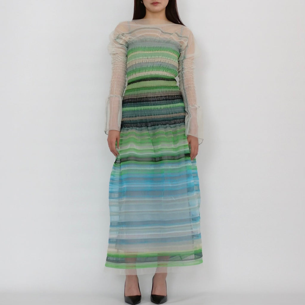 SUSAN FANG　LONG SLEEVE STRIPED SMOCKED DRESS