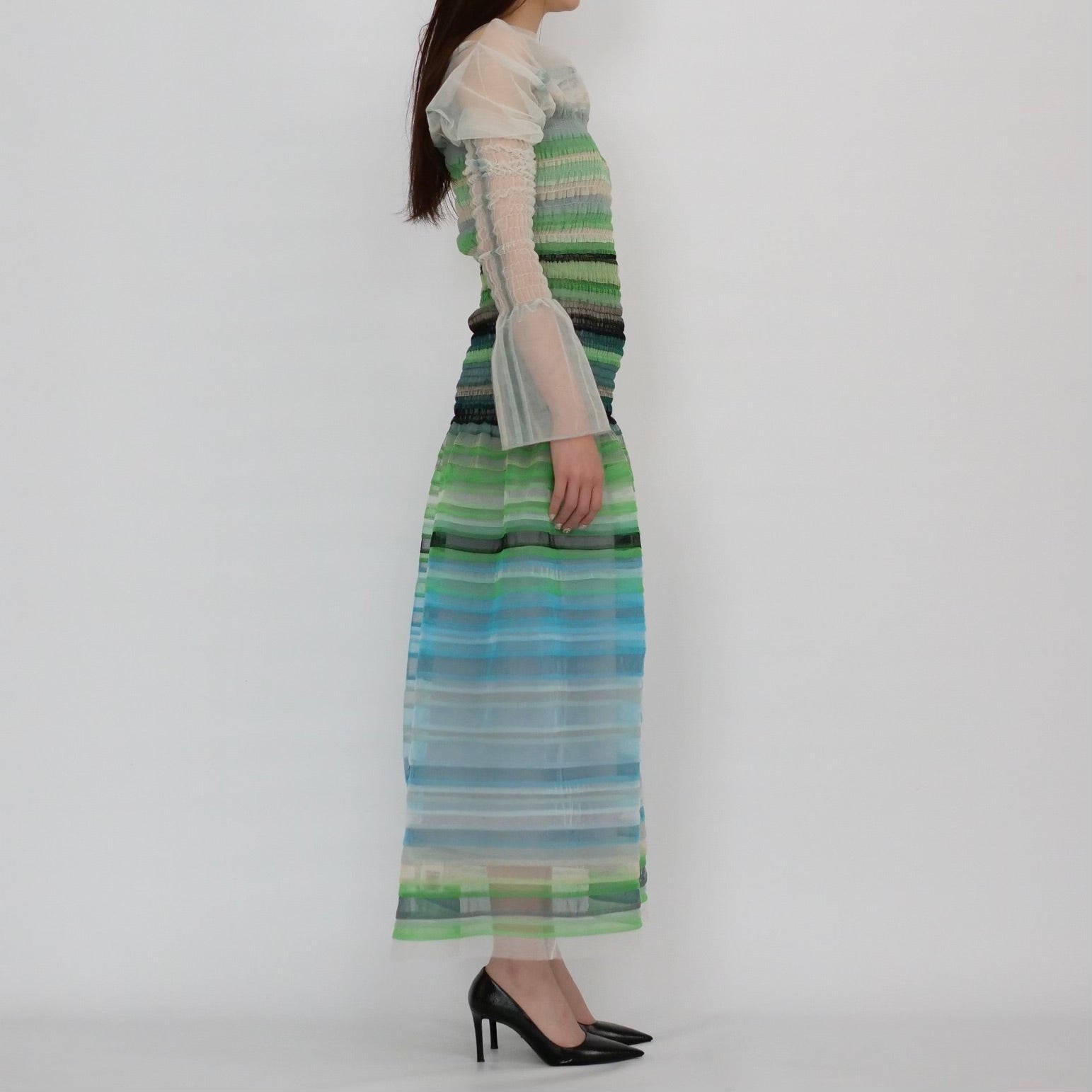 SUSAN FANG　LONG SLEEVE STRIPED SMOCKED DRESS