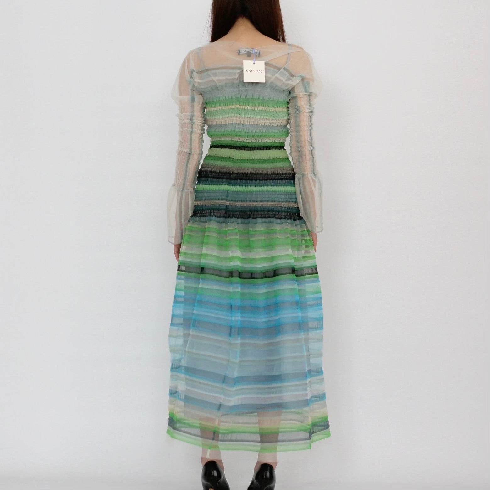 SUSAN FANG　LONG SLEEVE STRIPED SMOCKED DRESS