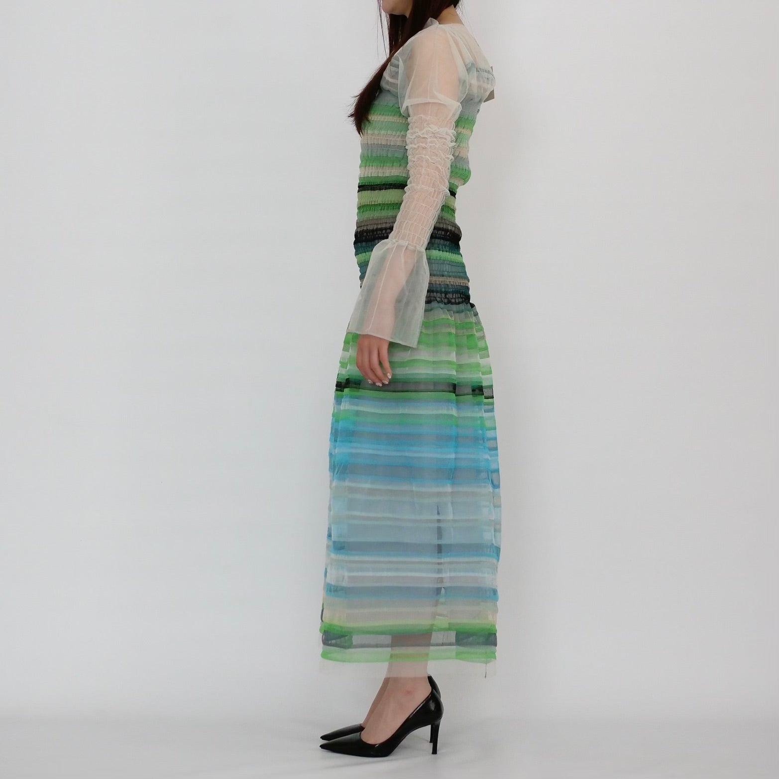 SUSAN FANG　LONG SLEEVE STRIPED SMOCKED DRESS