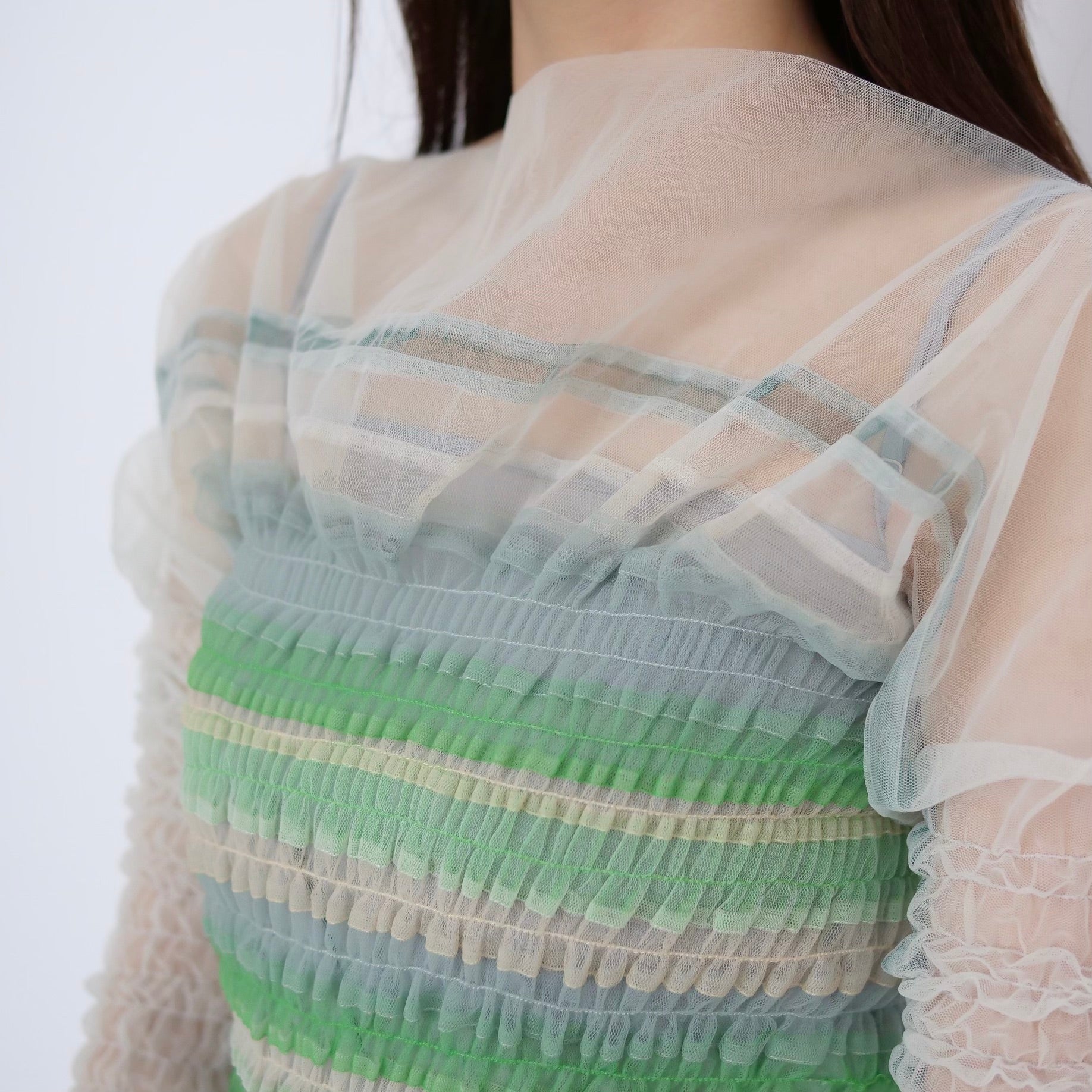 SUSAN FANG　LONG SLEEVE STRIPED SMOCKED DRESS