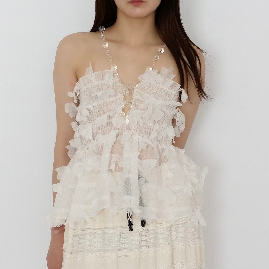 SUSAN FANG　FLOWER-LASER CUT SHIRRED TOP / WHITE