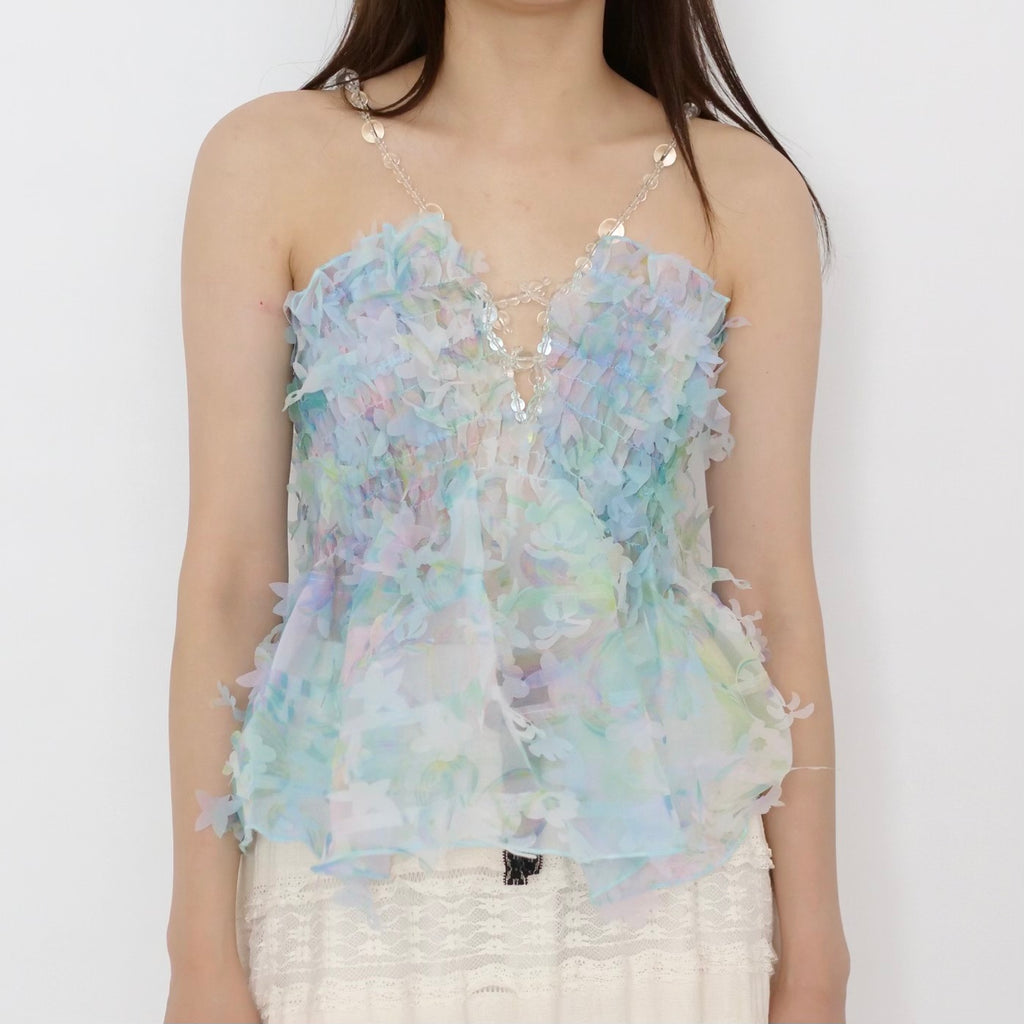 SUSAN FANG　FLOWER-LASER CUT SHIRRED TOP / BLUE