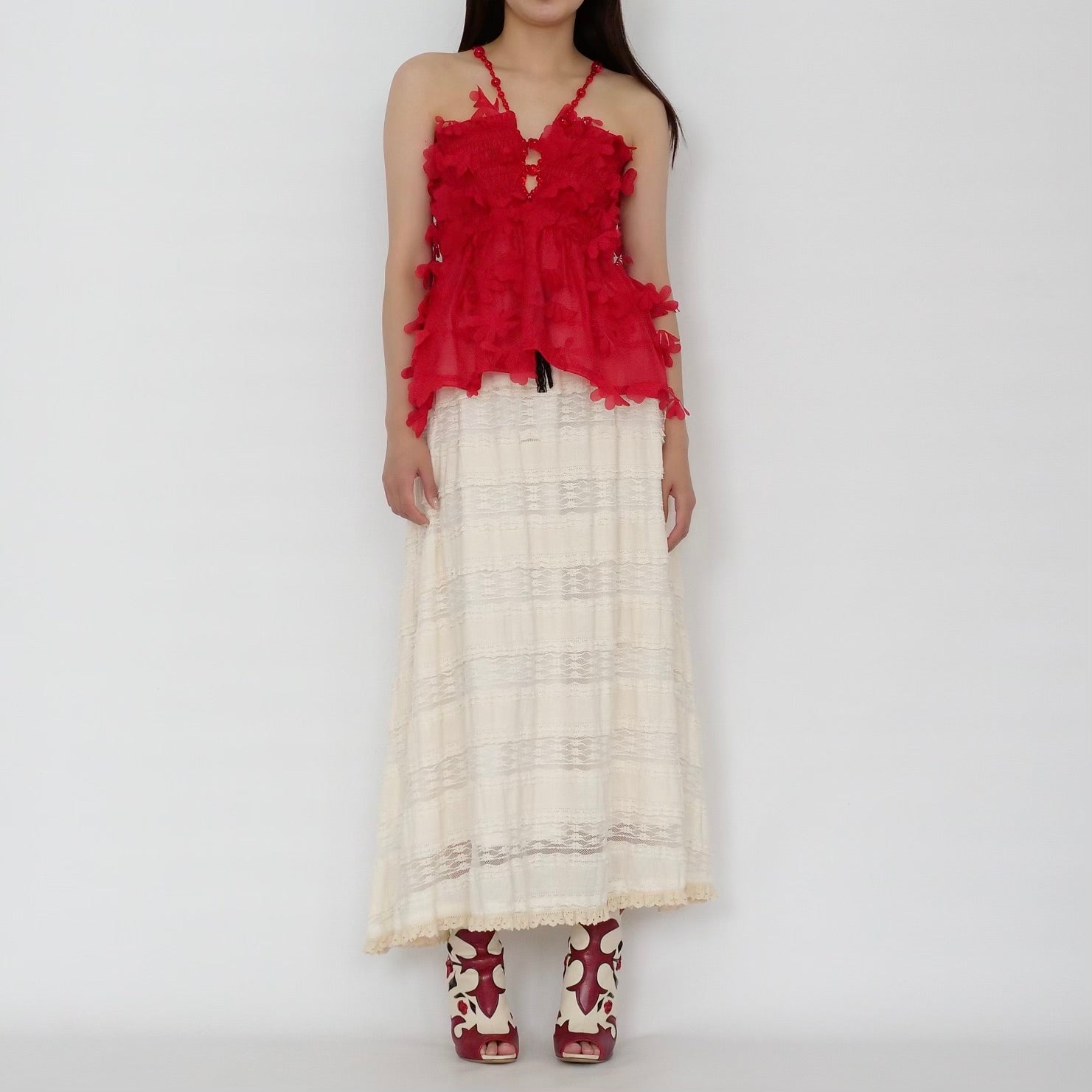 SUSAN FANG　FLOWER-LASER CUT SHIRRED TOP / RED