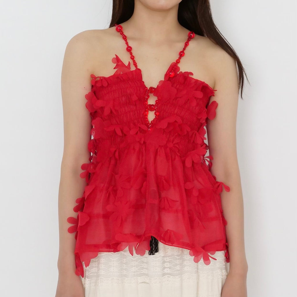 SUSAN FANG　FLOWER-LASER CUT SHIRRED TOP / RED