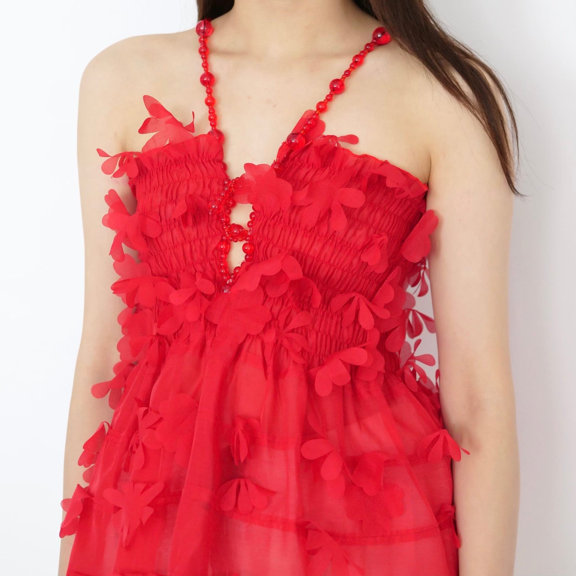 SUSAN FANG　FLOWER-LASER CUT SHIRRED TOP / RED
