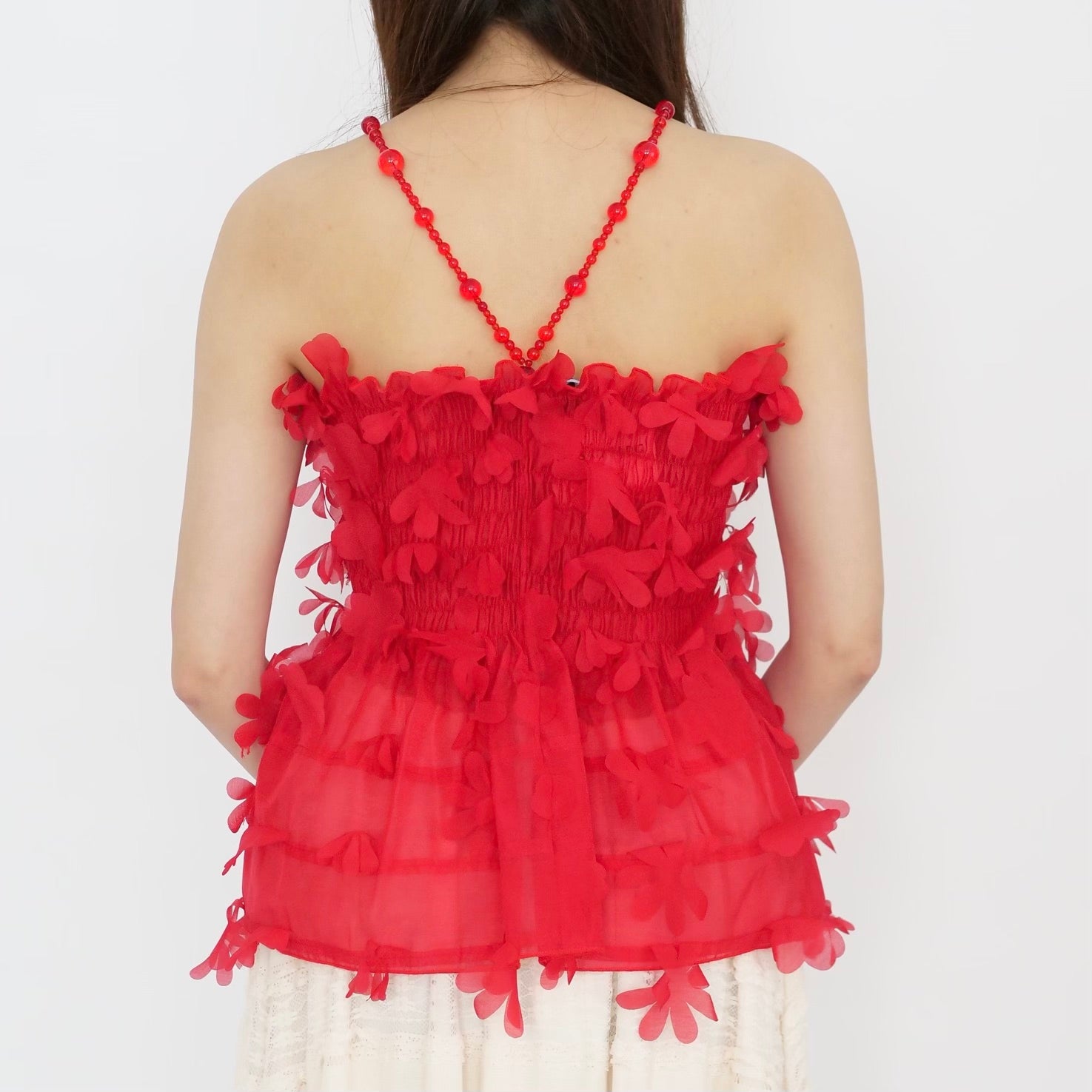 SUSAN FANG　FLOWER-LASER CUT SHIRRED TOP / RED