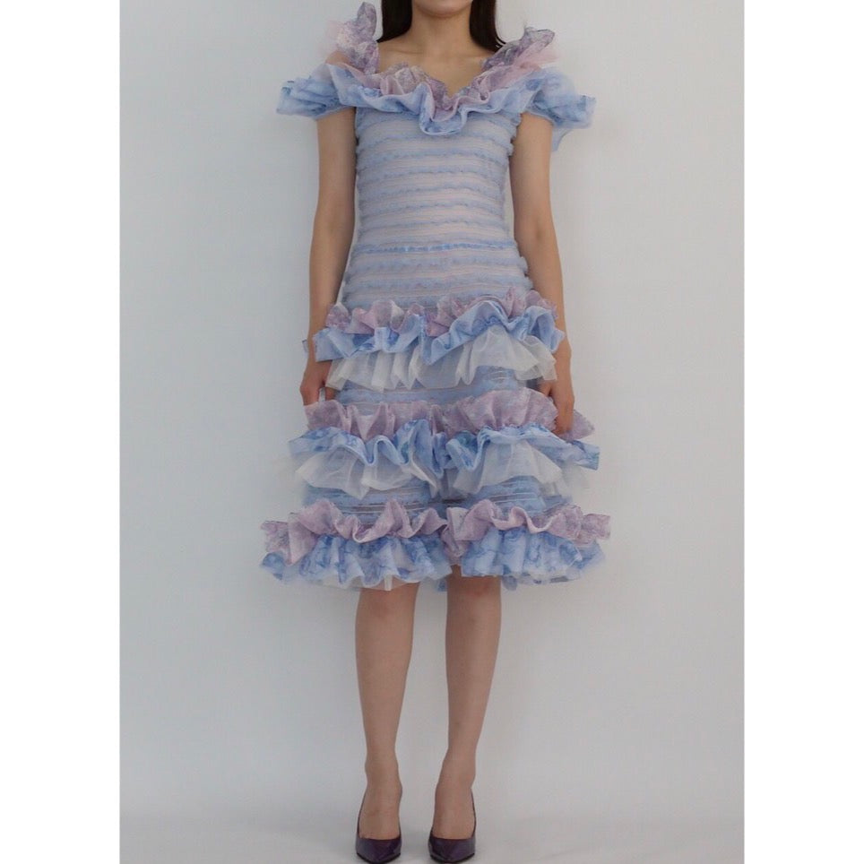 SUSAN FANG　PRINTED STRAPPY SMOCHED RUFFLE DRESS