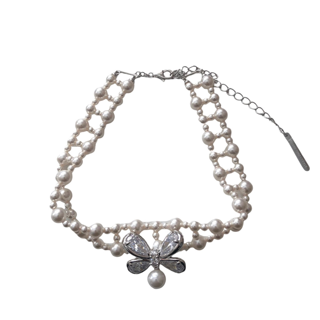 SHUSHU/TONG  zirconia butterfly flower braided pearl necklace