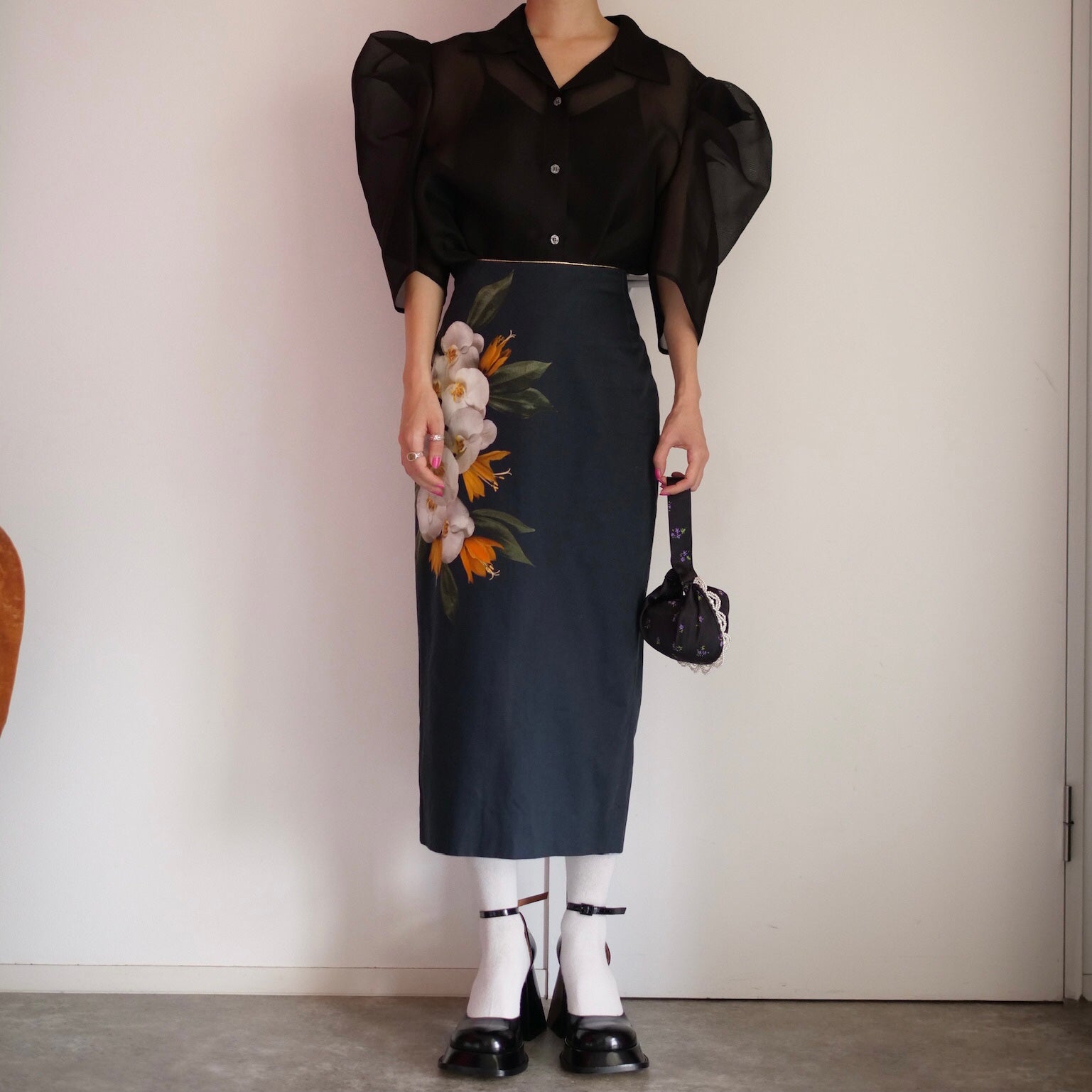 [OLD&VINTAGE] DRIES VAN NOTEN FROWER PRINT PENCIL SKIRT