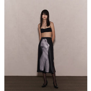 JOHN  Black Sculpture Print Midi Skirt / BLACK