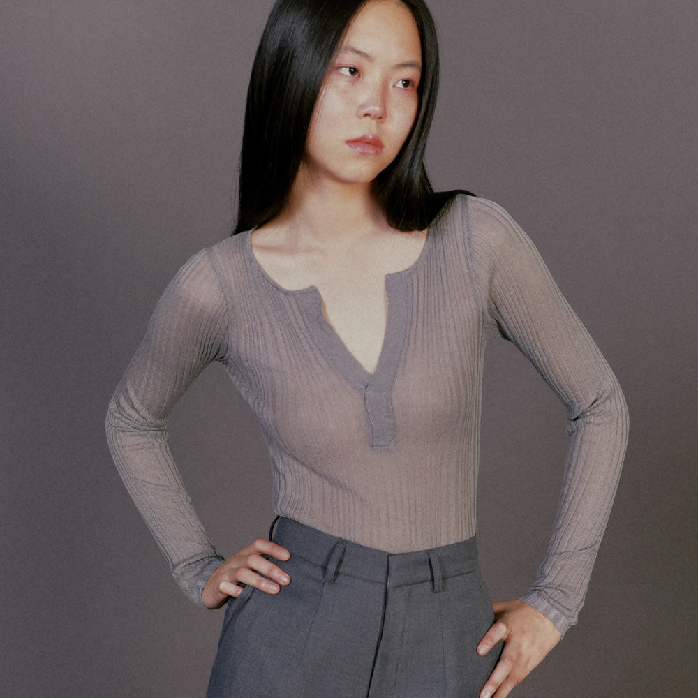 JOHN Grey Knit Slash Long Sleeve Top / GREY
