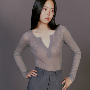 JOHN Grey Knit Slash Long Sleeve Top / GREY
