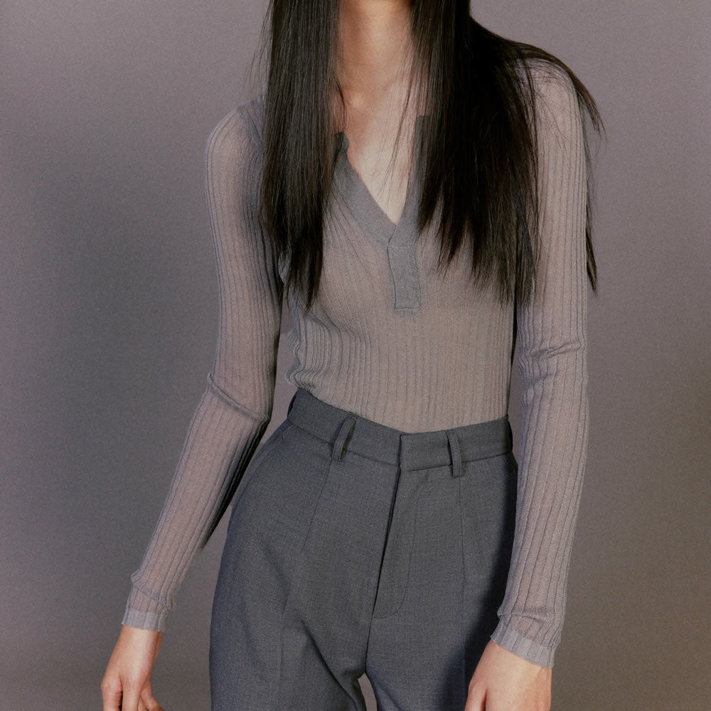 JOHN Grey Knit Slash Long Sleeve Top / GREY