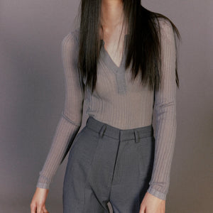 JOHN Grey Knit Slash Long Sleeve Top / GREY
