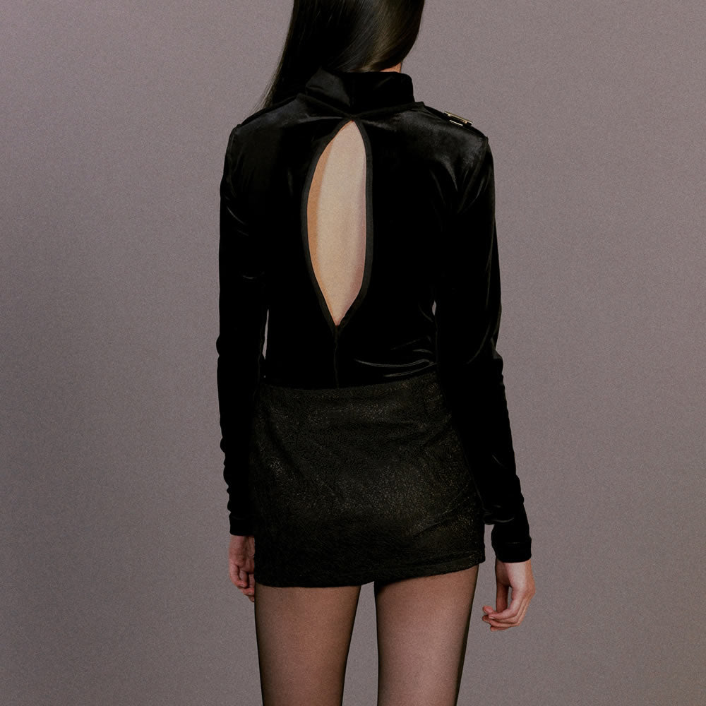 JOHN Black Velvet High Collar Bodysuit / BLACK