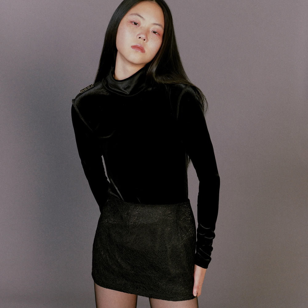 JOHN Black Velvet High Collar Bodysuit / BLACK