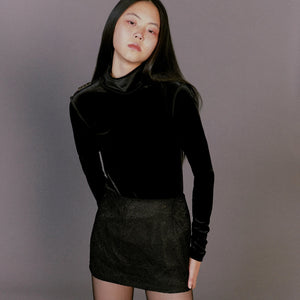 JOHN Black Velvet High Collar Bodysuit / BLACK
