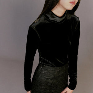 JOHN Black Velvet High Collar Bodysuit / BLACK