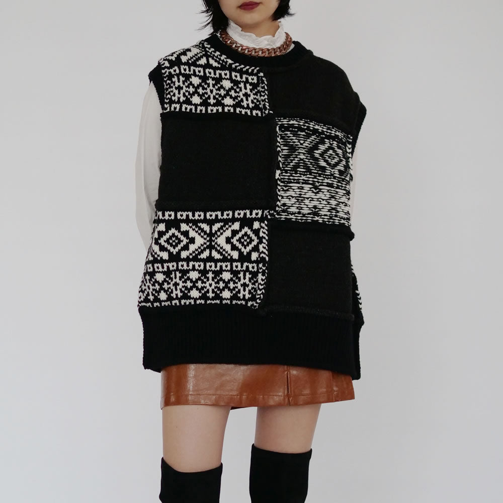 Name.] NORDIC PATCHWORK KNIT VEST(BLACK) – dim at noon