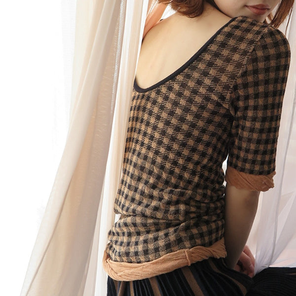 [SALE][babaco]gingham check half sleeve top(BLACK)