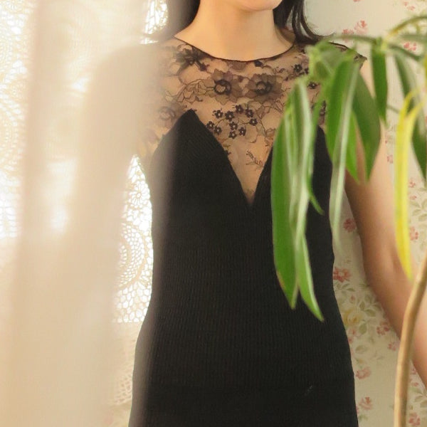 【SALE】[babaco] dress with leavers lace (BLACK)